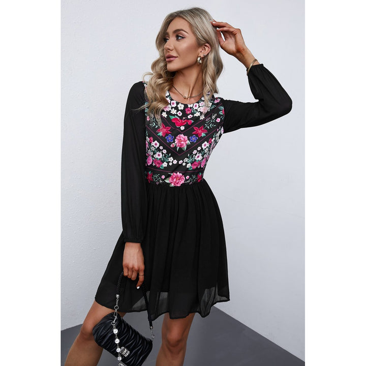 Womens Black Floral Mesh Splicing Lined Flowy Dress Image 6