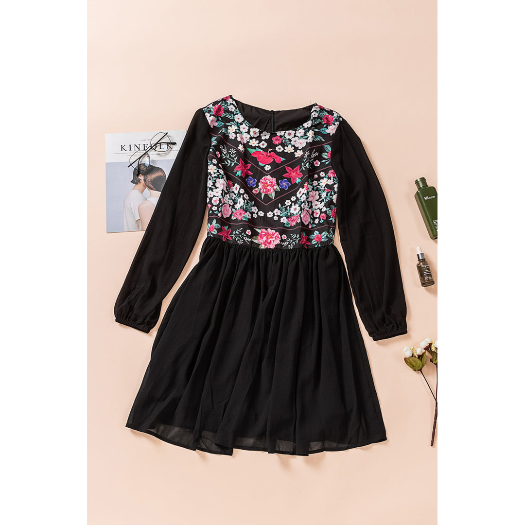 Womens Black Floral Mesh Splicing Lined Flowy Dress Image 9