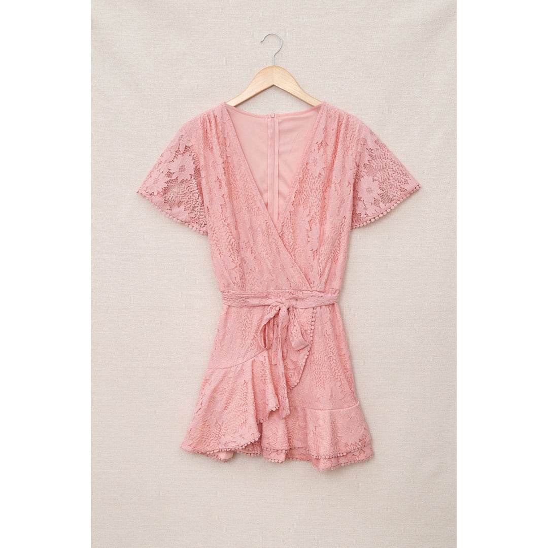 Womens Pink Flutter Sleeve Wrap V Neck Floral Lace Short Dress Image 9