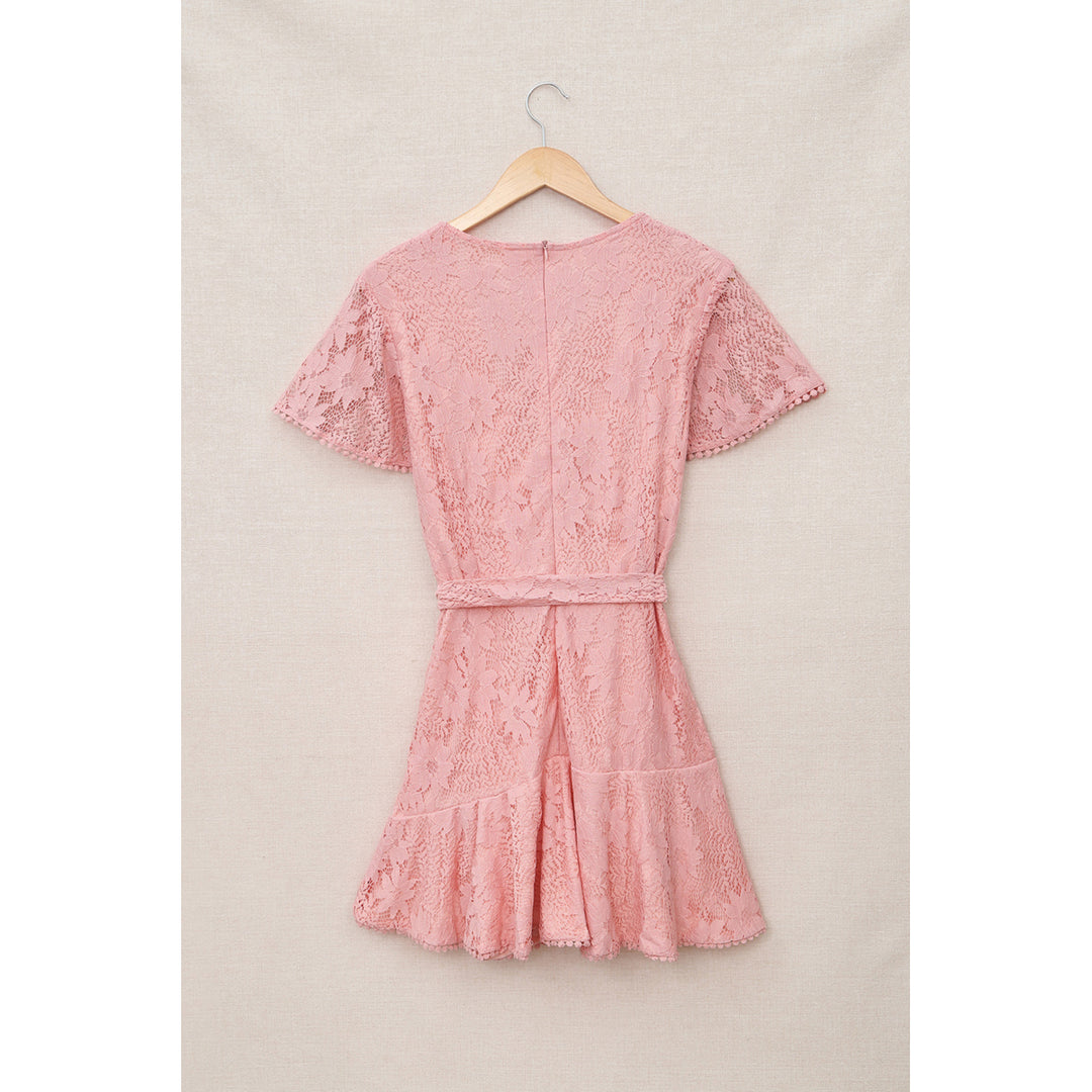 Womens Pink Flutter Sleeve Wrap V Neck Floral Lace Short Dress Image 10