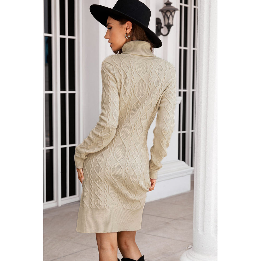 Womens Apricot Turtleneck Pullover Textured Pattern Bodycon Sweater Dress with Slits Image 2