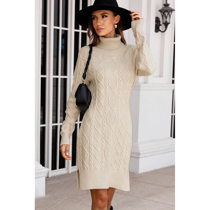 Womens Apricot Turtleneck Pullover Textured Pattern Bodycon Sweater Dress with Slits Image 3