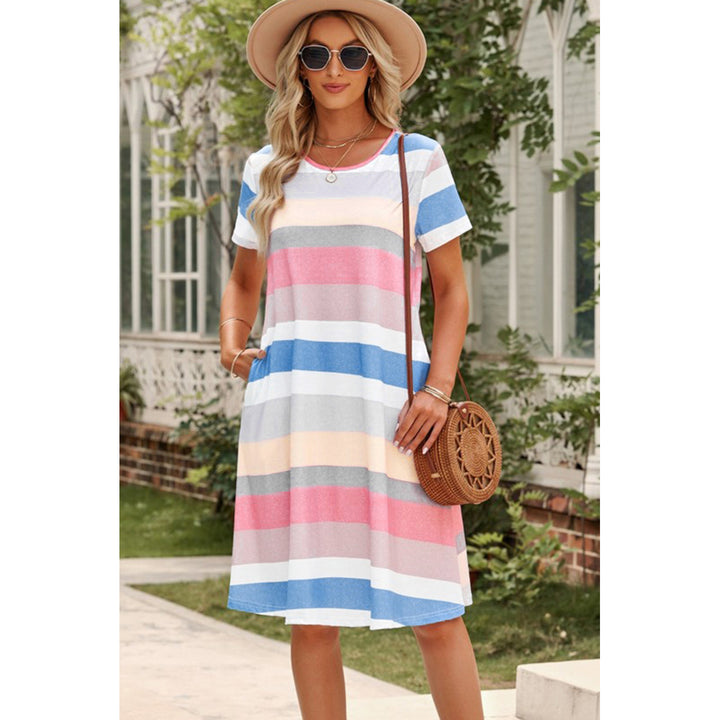 Womens Multicolor Striped Pocket T Shirt Dress Image 3