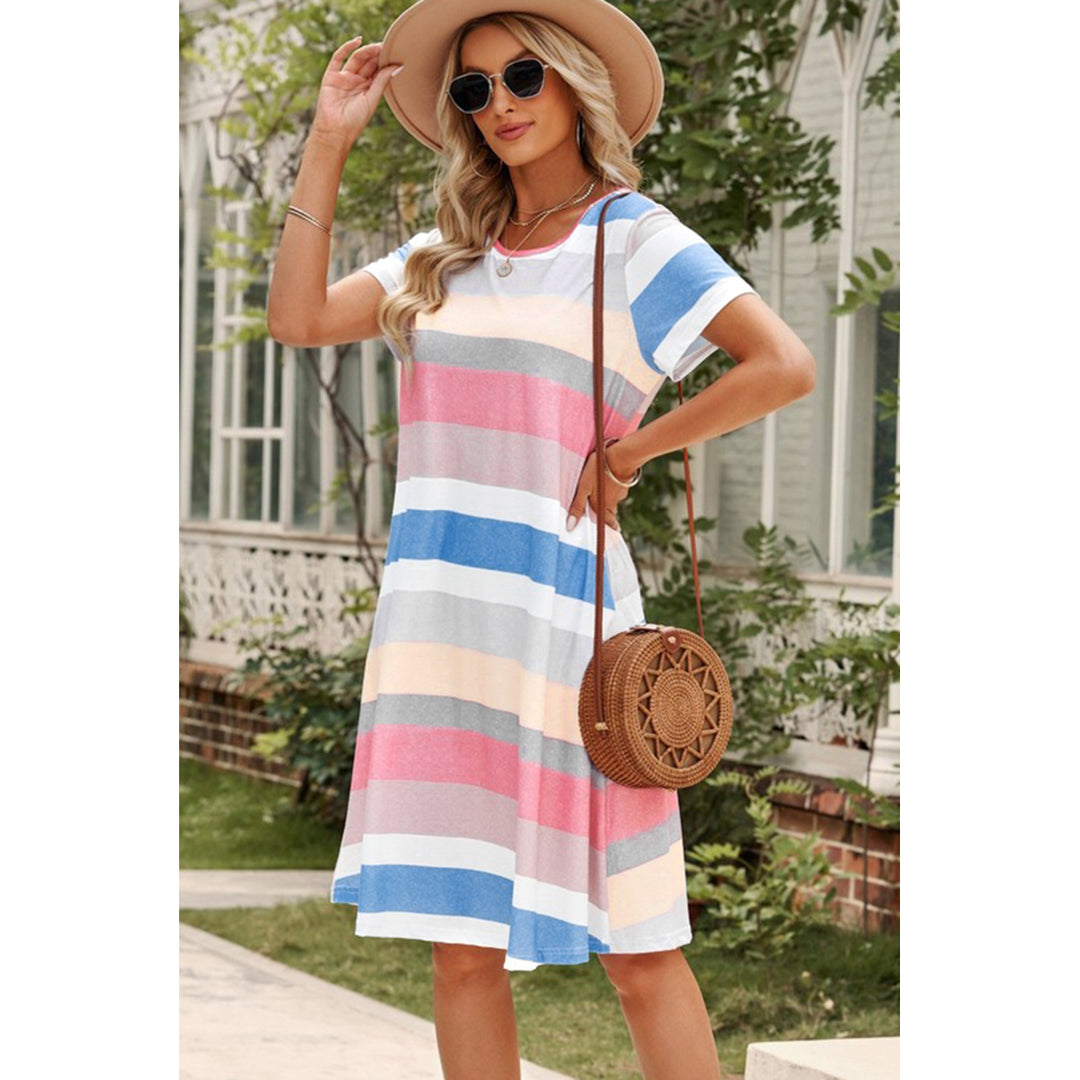 Womens Multicolor Striped Pocket T Shirt Dress Image 4