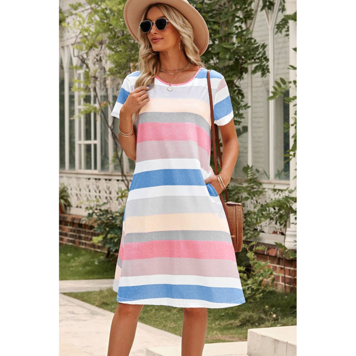 Womens Multicolor Striped Pocket T Shirt Dress Image 6