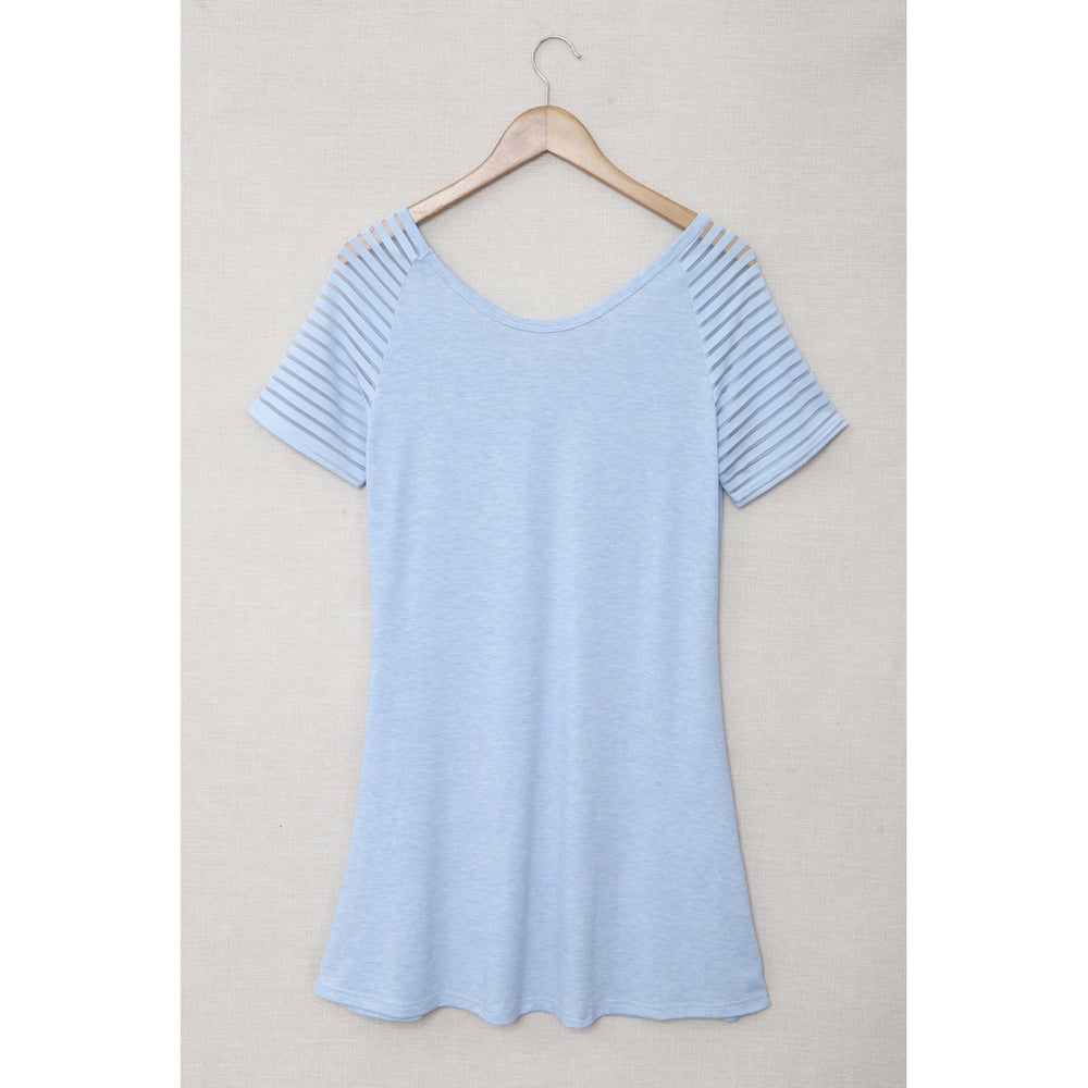 Womens Sky Blue Sheer Striped Short Sleeve Flare T-shirt Mini Dress Image 2