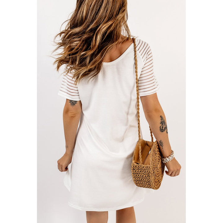 Womens White Sheer Striped Short Sleeve Flare T-shirt Mini Dress Image 1