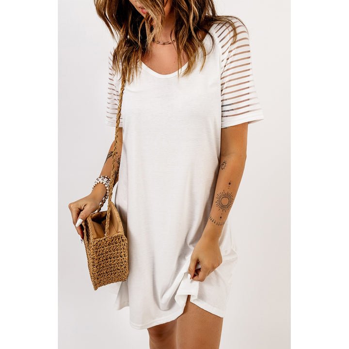 Womens White Sheer Striped Short Sleeve Flare T-shirt Mini Dress Image 3