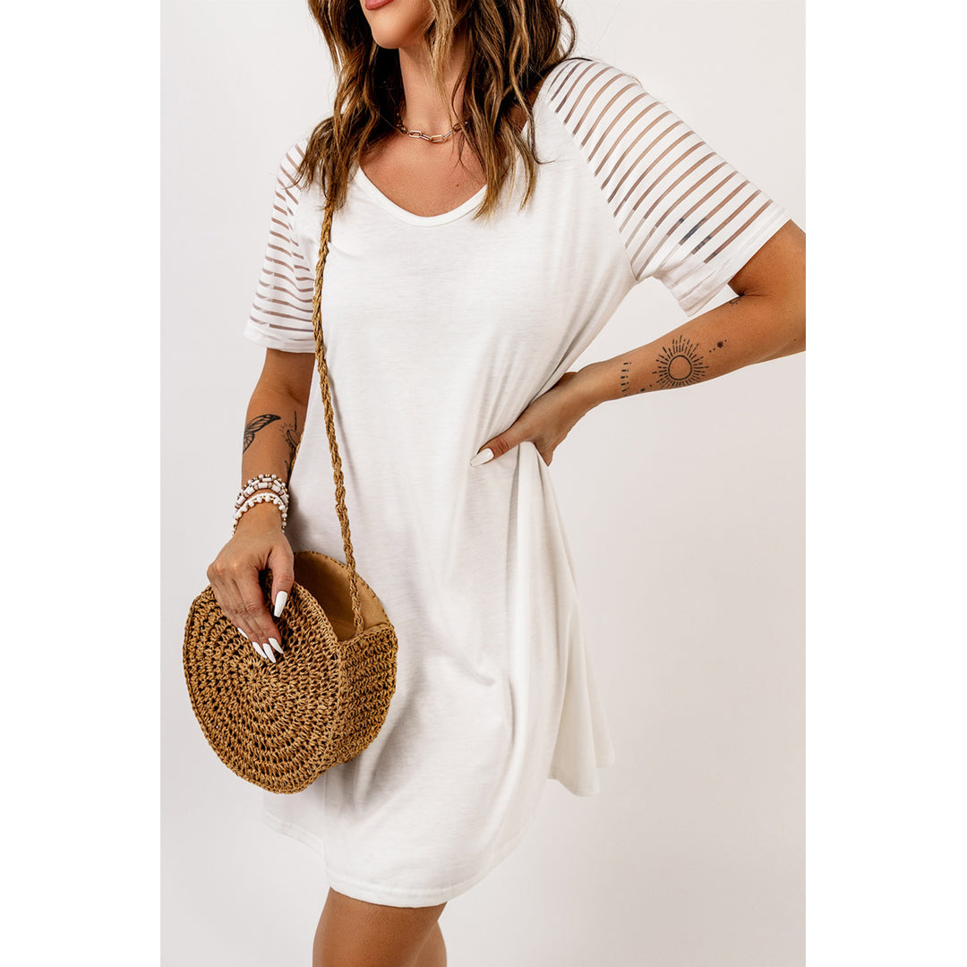 Womens White Sheer Striped Short Sleeve Flare T-shirt Mini Dress Image 4