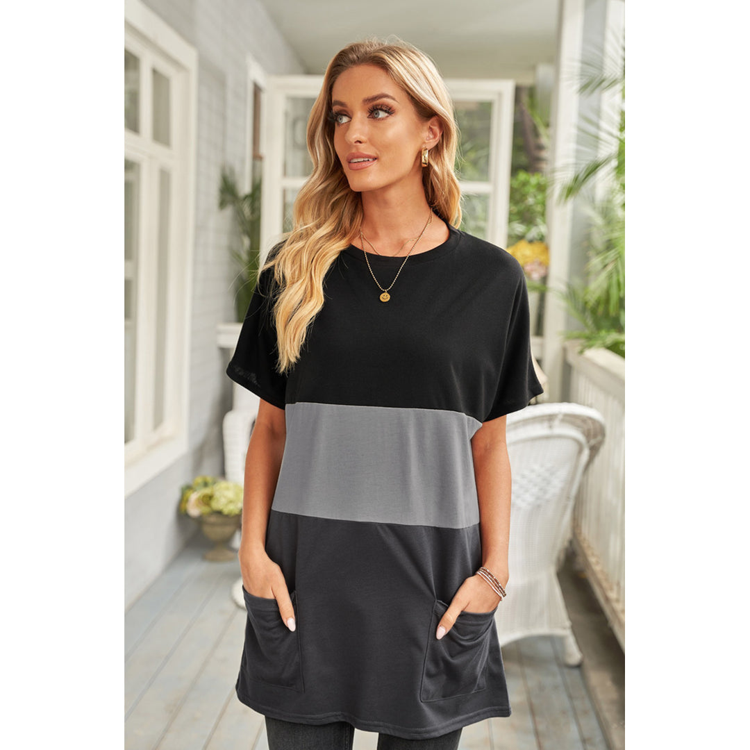 Womens Black Triple Colorblock Splicing Short Sleeve Mini Dress with Pockets Image 4