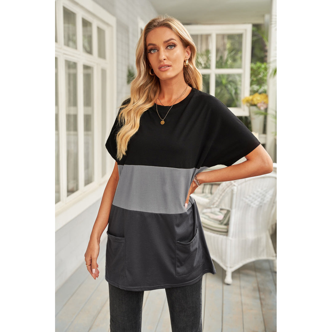 Womens Black Triple Colorblock Splicing Short Sleeve Mini Dress with Pockets Image 6
