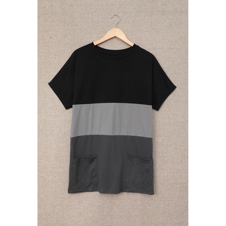 Womens Black Triple Colorblock Splicing Short Sleeve Mini Dress with Pockets Image 7