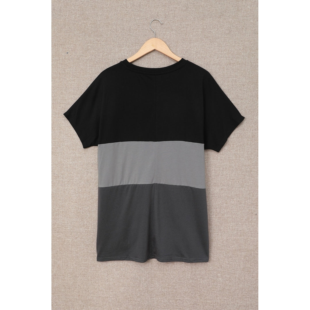 Womens Black Triple Colorblock Splicing Short Sleeve Mini Dress with Pockets Image 8