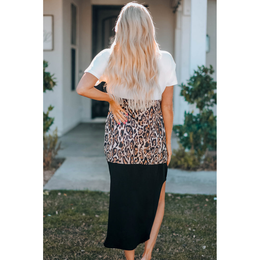 Womens Colorblock Leopard Casual Maxi T-shirt Dress Image 2
