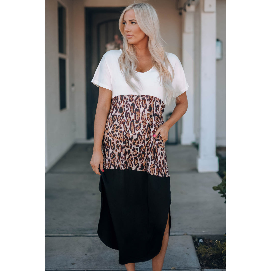 Womens Colorblock Leopard Casual Maxi T-shirt Dress Image 6