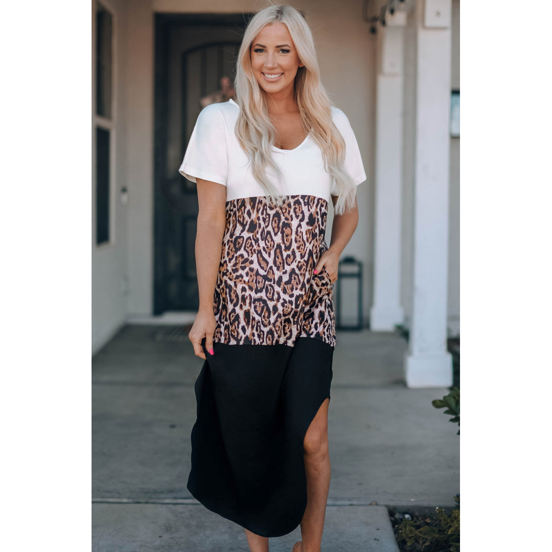 Womens Colorblock Leopard Casual Maxi T-shirt Dress Image 7