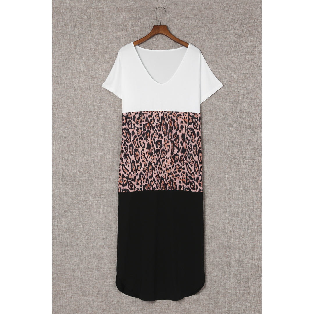 Womens Colorblock Leopard Casual Maxi T-shirt Dress Image 12