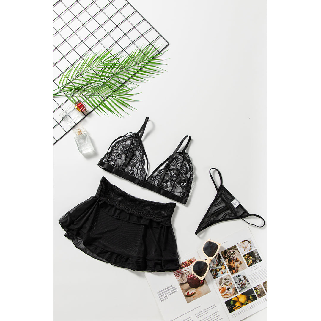 Womens 3pcs Black Fan-shaped Lace Ruffled Mesh Bralette Set Image 7