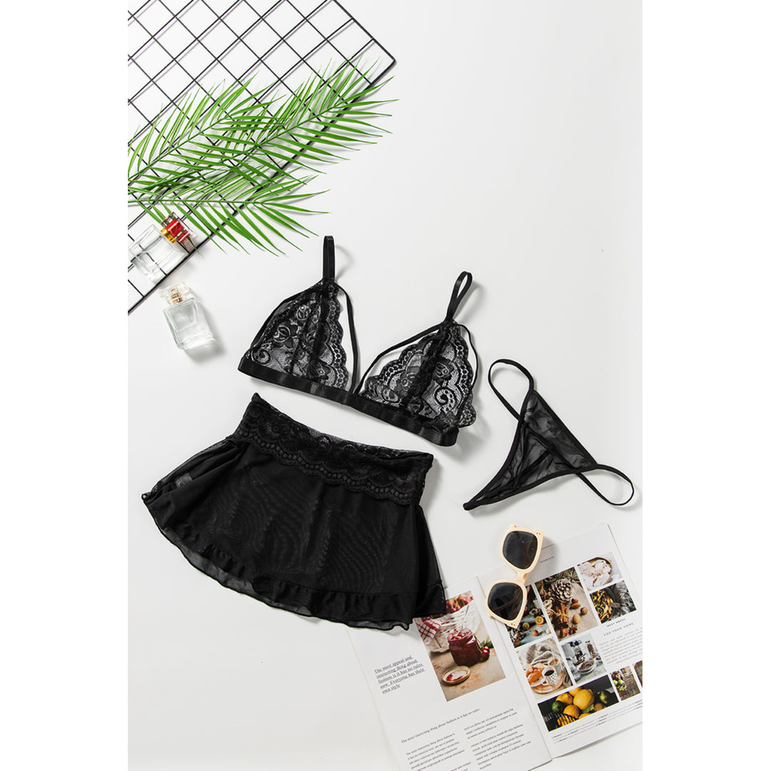 Womens 3pcs Black Fan-shaped Lace Ruffled Mesh Bralette Set Image 8