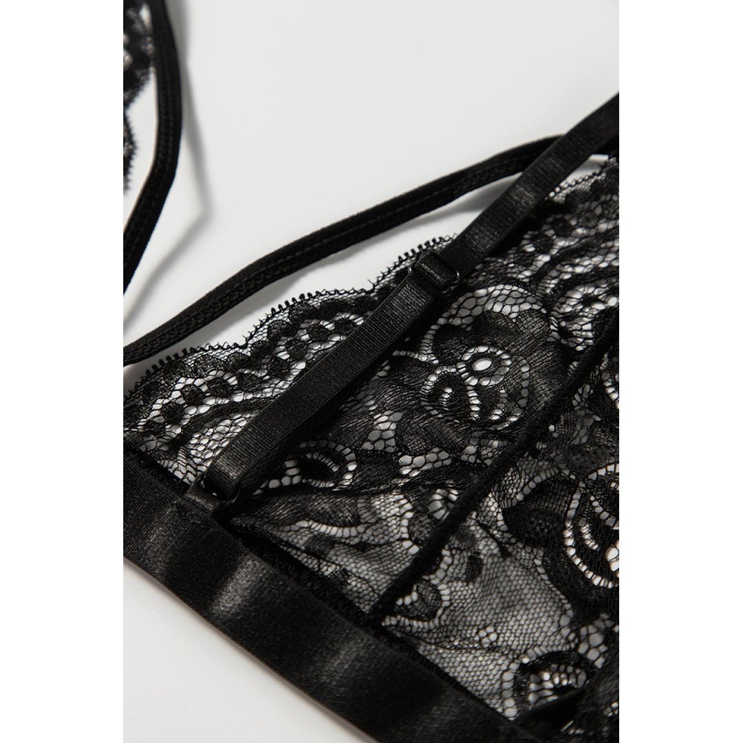 Womens 3pcs Black Fan-shaped Lace Ruffled Mesh Bralette Set Image 12
