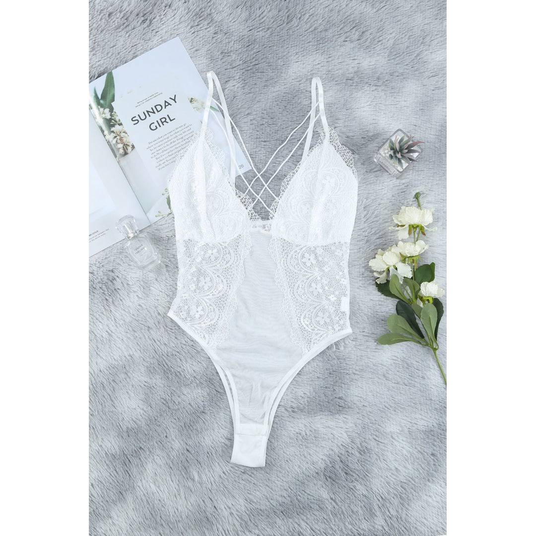 Womens White Criss Cross Cut-out Lace Sexy Teddy Lingerie Image 12