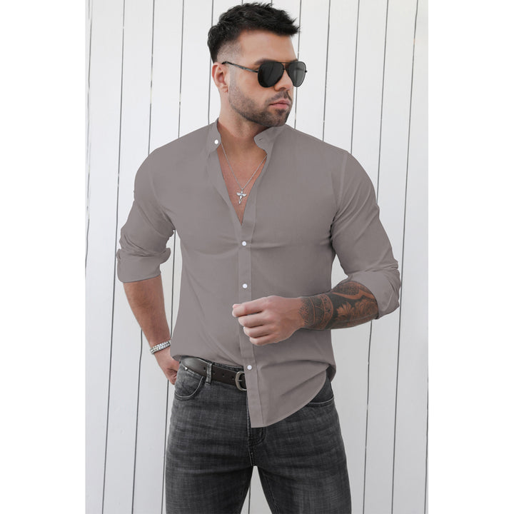 Mens Gray Solid Button-up Long Sleeve Shirt Image 3