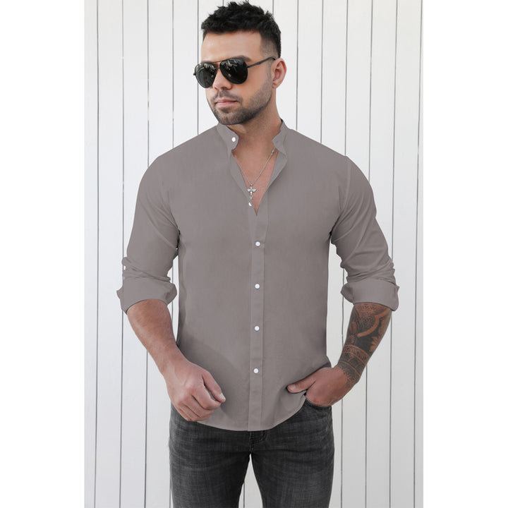 Mens Gray Solid Button-up Long Sleeve Shirt Image 4