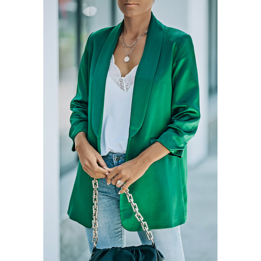 Womens Green Lapel Collar Pocketed Satin Blazer Image 1