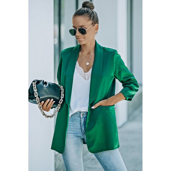 Womens Green Lapel Collar Pocketed Satin Blazer Image 4