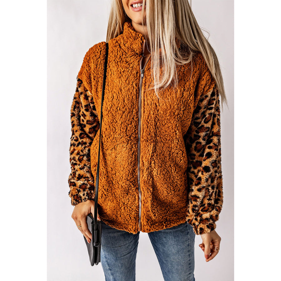 Womens Brown Leopard Raglan Sleeve Zipped Sherpa Coat Image 1