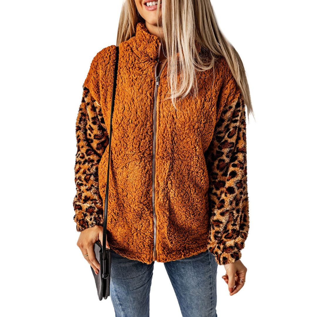 Womens Brown Leopard Raglan Sleeve Zipped Sherpa Coat Image 6