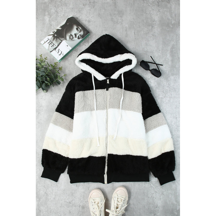 Womens Black Colorblock Zip Up Sherpa Coat with Hooded Image 1