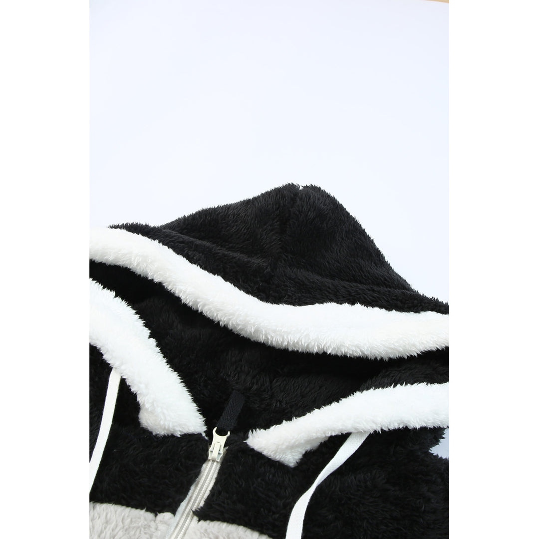 Womens Black Colorblock Zip Up Sherpa Coat with Hooded Image 3