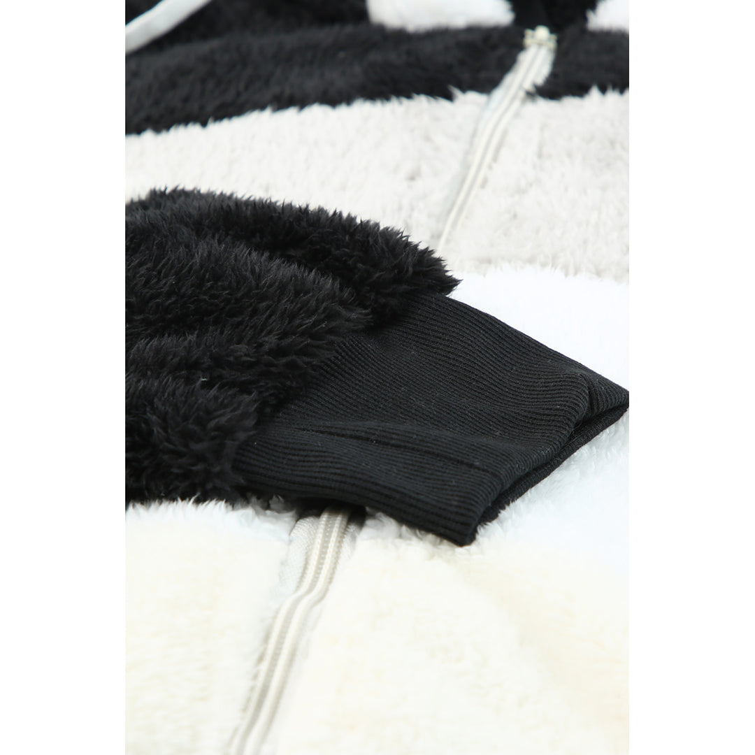Womens Black Colorblock Zip Up Sherpa Coat with Hooded Image 8