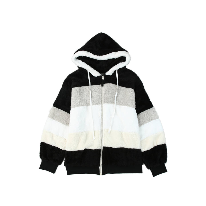 Womens Black Colorblock Zip Up Sherpa Coat with Hooded Image 10