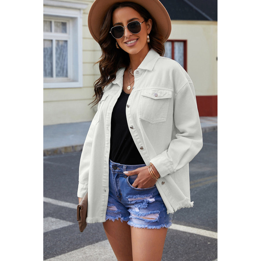 Womens White Pocket Raw Hem Buttoned Denim Jacket Image 1