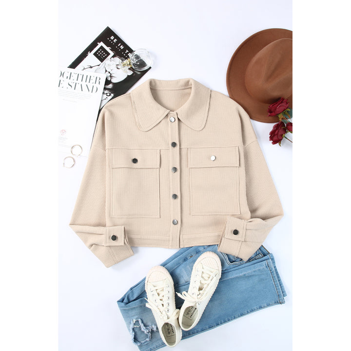 Womens Khaki Waffle Knit Buttons Cropped Jacket with Pockets Image 10