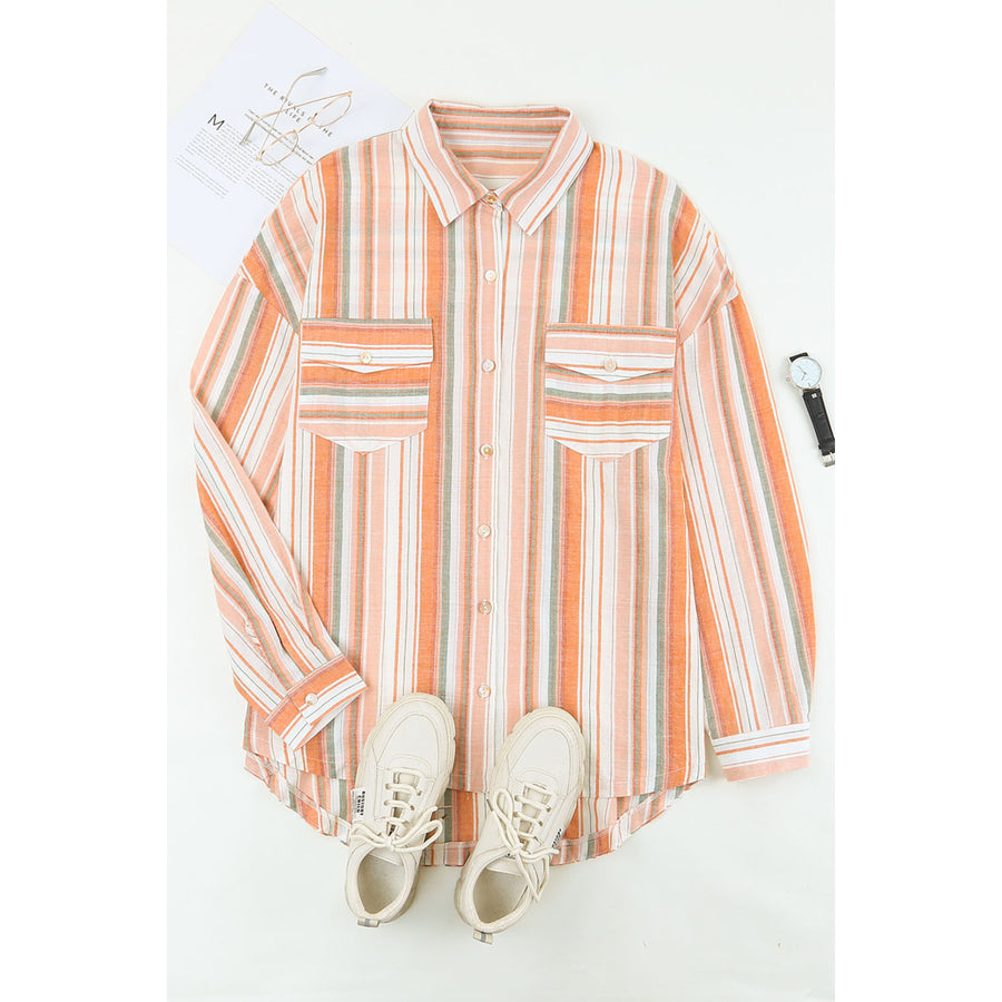 Womens Orange Plus Size Striped Shirt with Chest Pockets Image 1