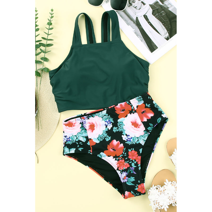 Womens Green Solid Swim Top and Floral High Waist Bathing Suit Image 1