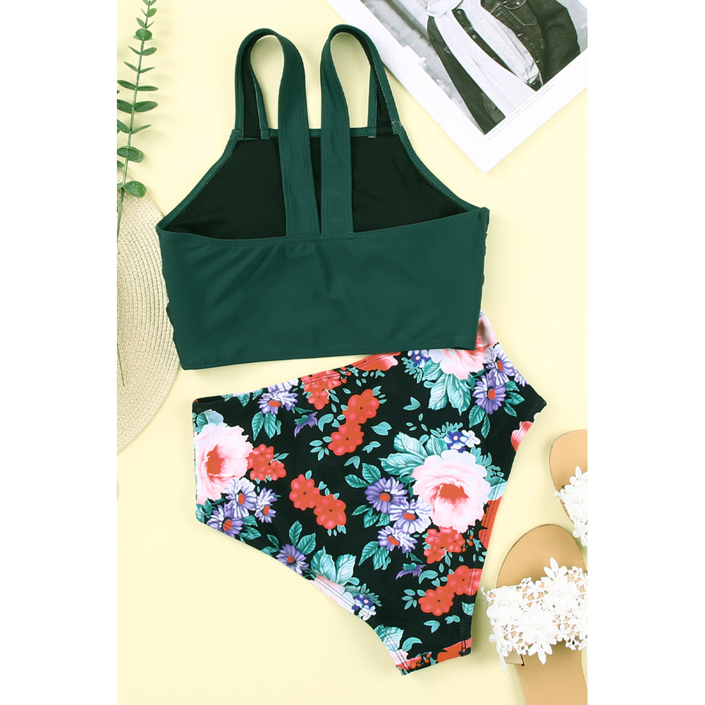 Womens Green Solid Swim Top and Floral High Waist Bathing Suit Image 2
