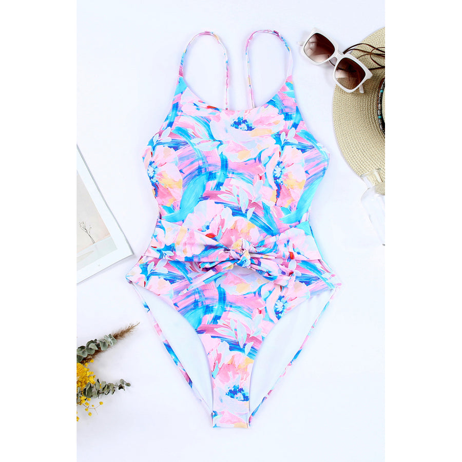 Womens Pink Floral Print Lace-up High Waist One-piece Swimsuit Image 1