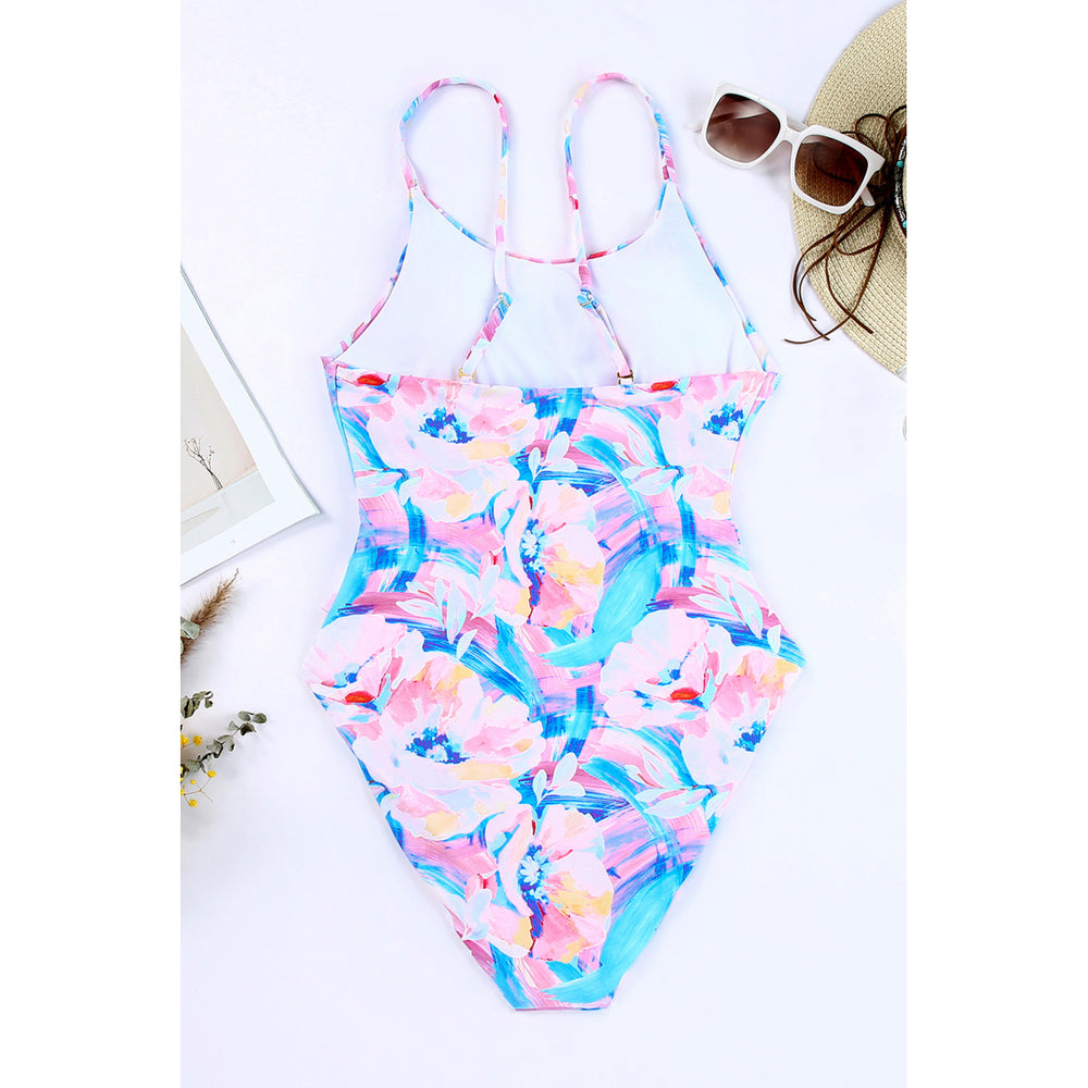 Womens Pink Floral Print Lace-up High Waist One-piece Swimsuit Image 2
