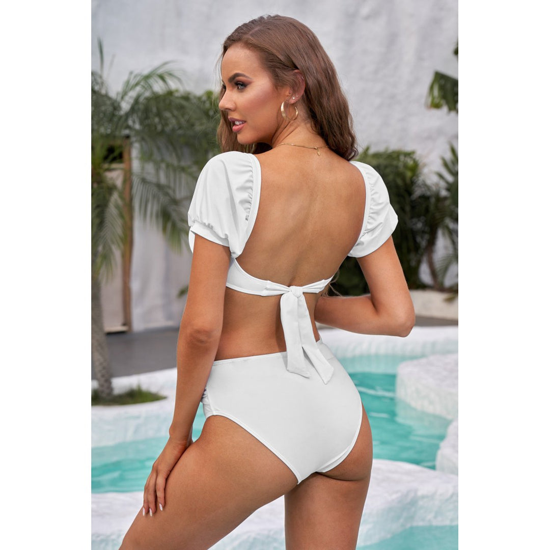 Womens White Sexy Bubble Sleeves High Waisted Swimsuit Image 1