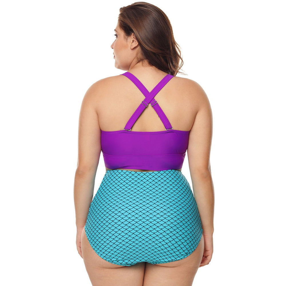 Womens Purple and Blue Scalloped Detail High Waist Swimsuit Image 2