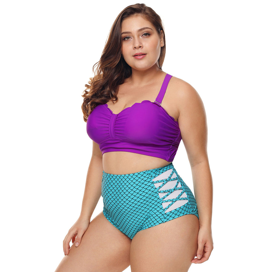 Womens Purple and Blue Scalloped Detail High Waist Swimsuit Image 1