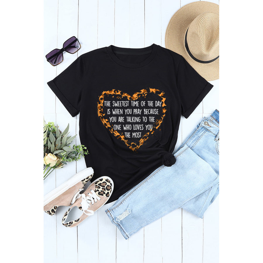 Womens Black Leopard Heart Shape Letters Printed Graphic Tee Image 1