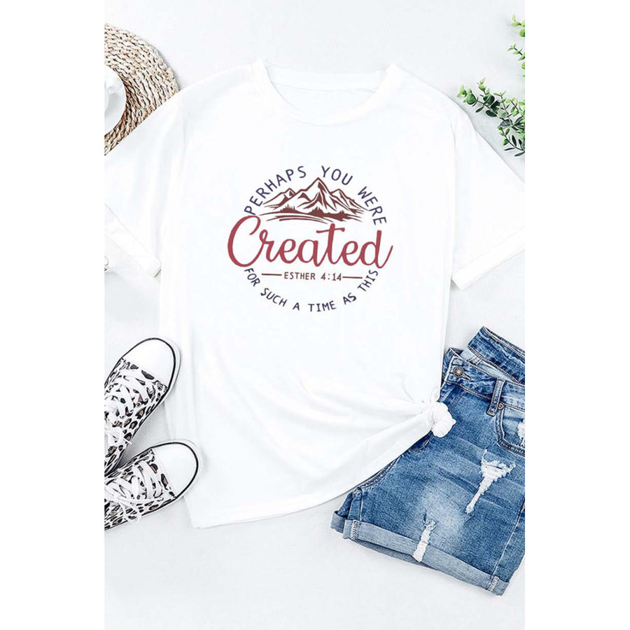 Womens White Created Letter Mountain Graphic Print Short Sleeve T Shirt Image 1