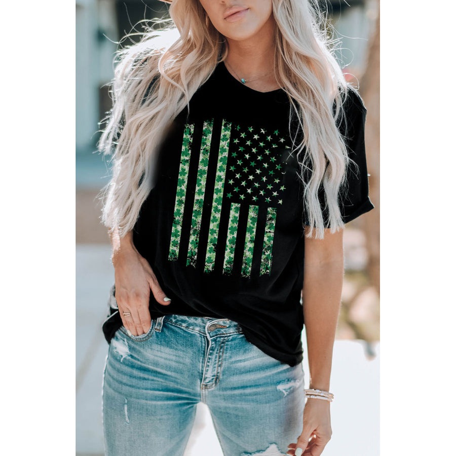 Womens Black Clover Stripes and Stars Flag Graphic Tee Image 1