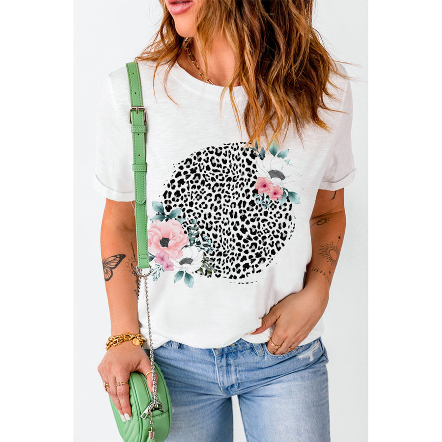 Womens White Floral Leopard Print Casual Short Sleeve T Shirt Image 1