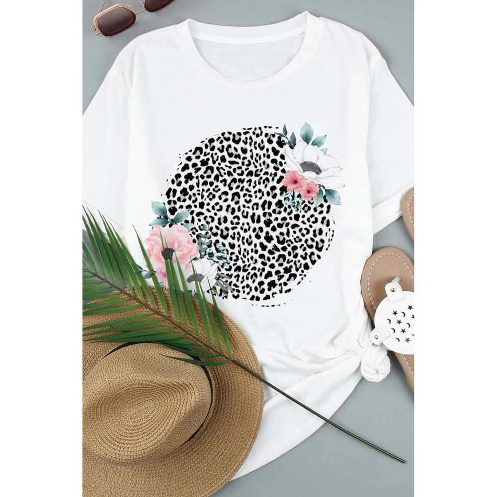 Womens White Floral Leopard Print Casual Short Sleeve T Shirt Image 2